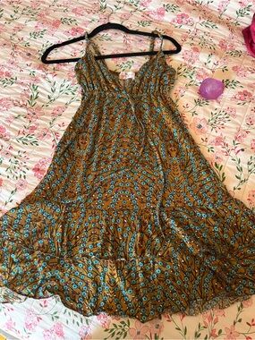 Bohemian Spaghetti Strap Midi Dress in Mustard Floral